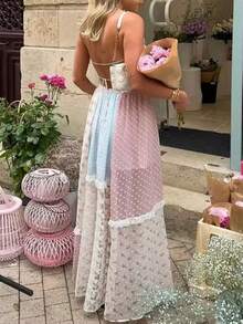 Women Boho Halter Neck Floral Print Maxi Dress Y2k Lace Patchwork Backless Flowy Long Dress Sleeveless Back Cross Tie-Up Summer Beach Sundress - 彩色 - 查看 7