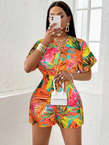 AIJ Women's Bat Sleeve Tropical Plant Print Jumpsuit, Casual Holiday Outfit - Orange - View 6