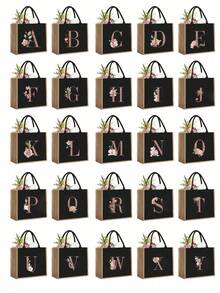 Casual Tote Bags For Women, Large Capacity Shopping Bag, Linen Beach Tote Bag, Gold 26 Letter Print Commuter Tote Bag, Jute Tote Bag Women's Shopping Bag, Gold Lettering And Flowers, Large Capacity Reusable Shopping Bag