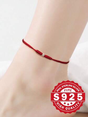 1 st Lucky S925 rent silver Pixiu-hänge röd snöre fotlänk, flätad röd snöre fotlänksmycke present till kvinnor och flickor, alla hjärtans dag