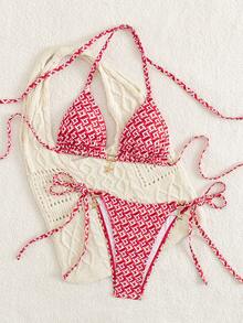 Bikini z nadrukiem rozgwiazdy, geometryczny wzór, ściągane sznurkiem, wiązane z tyłu, urocze stroje plażowe na wiosnę i lato