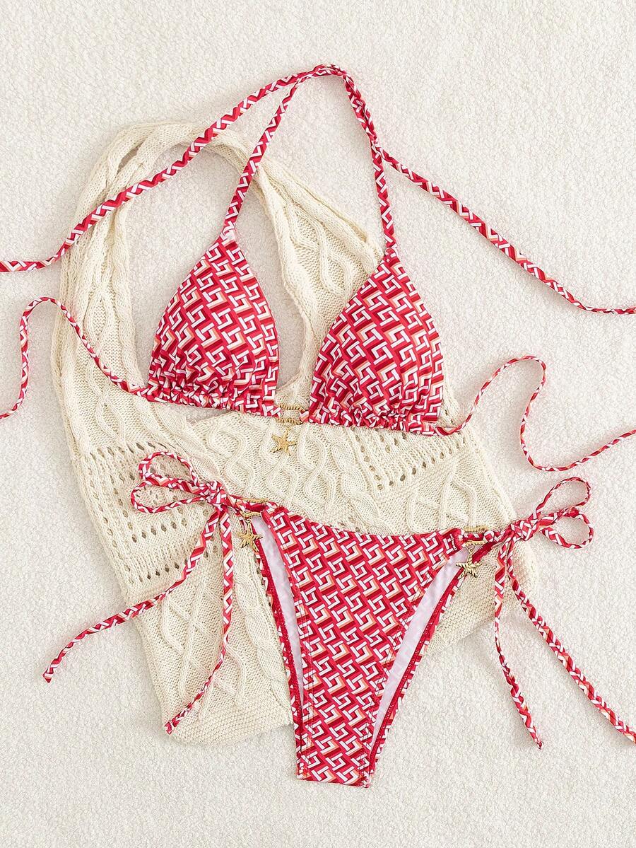 Bikini z nadrukiem rozgwiazdy, geometryczny wzór, ściągane sznurkiem, wiązane z tyłu, urocze stroje plażowe na wiosnę i lato