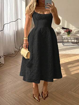 Floreya Plus Size Elegant Solid Color French Style High-End Waist-Defining Slim Fit Slip Midi Dress, Summer Wedding