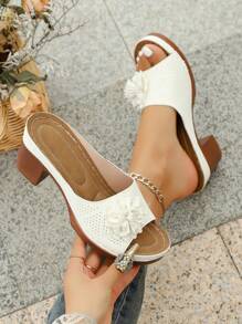 New Plus Size Summer Fashion Versatile Solid Color 3D Floral Breathable Hollow-Out Open Toe Platform Wedge Sandals, Faux Wood Grain Chunky Heel, Casual/Office Wear, Vintage Style, White