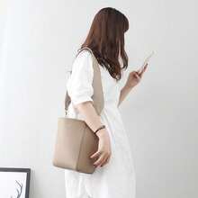 Crossbody Bag Wide Shoulder Strap Bucket Bag - Apricot - View 3