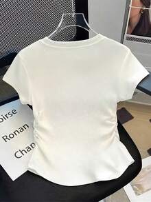 白色蝴蝶结印花抽绳设计T恤上衣，时尚修身短袖女式上衣 - 白色 - 查看 3