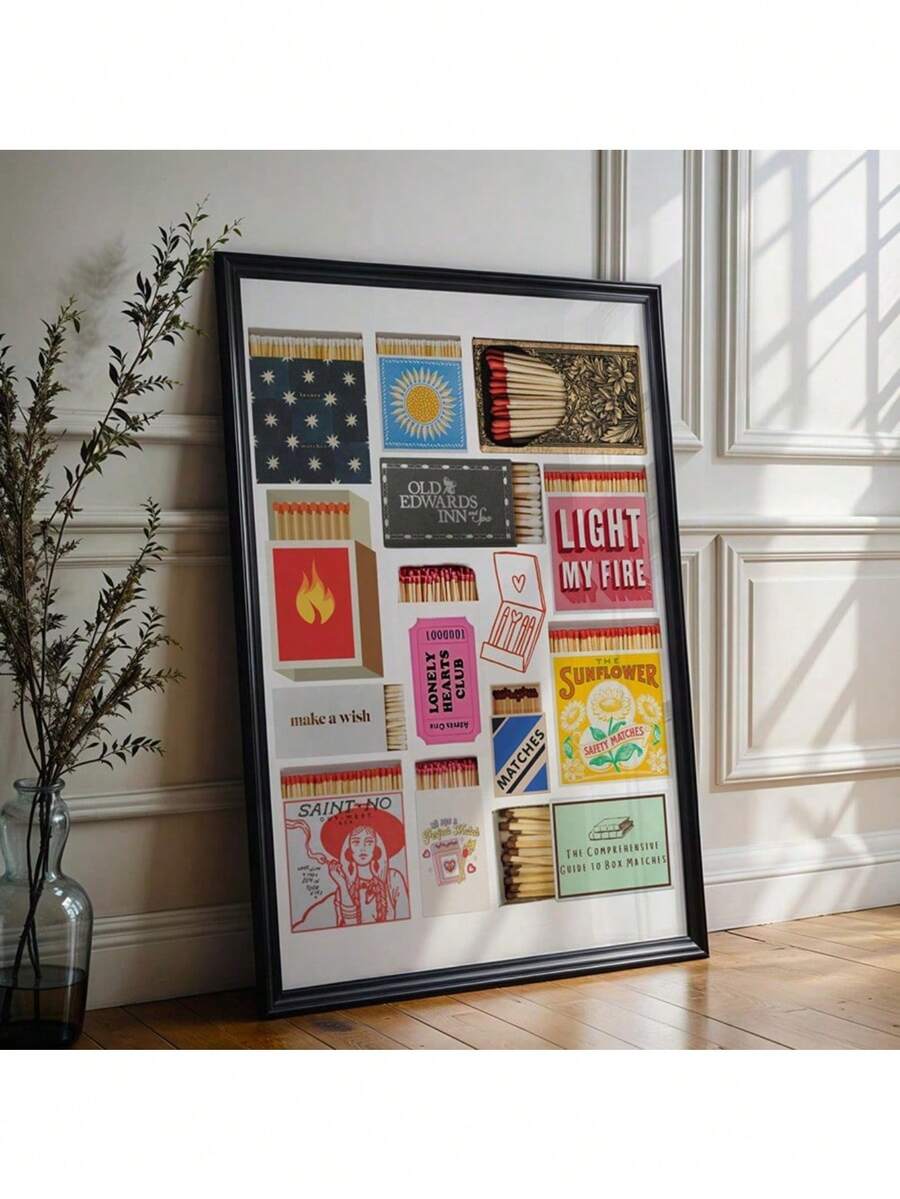 1pc Vintage Matchbox Retro Wall Art Picture Template Matchbox Y2K Posters Cool Aesthetic Decor Or Bedroom Apartment Dorm Room Decor Gift For Her Poster And Prints Canvas Painting Wall Pictures Living Room Decoration Painting Gifts Optional Frame ,Wall Art With Frame - Multicolor - View 1