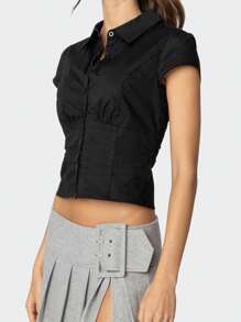 Women Button Down Shirt Casual Solid Color Crop Short Sleeve Tops Blouse