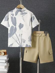 Set de 2 piezas de camisa con estampado de hojas gris casual y pantalones cargo para niños (apto para todas las estaciones)