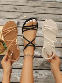 Neue Mode Flache Sandalen, Mädchen Slip-On Riemchen Sandalen, Sommer gewebte Peep Zehen Römerstil Flache Sandalen, Komfortable atmungsaktive Lässig Sandalen geeignet für den täglichen Gebrauch, modisches Kreuz-Riemen Design, leichte Slip-On Flache Sandalen in Schwarz, Beige, Khaki, Grün