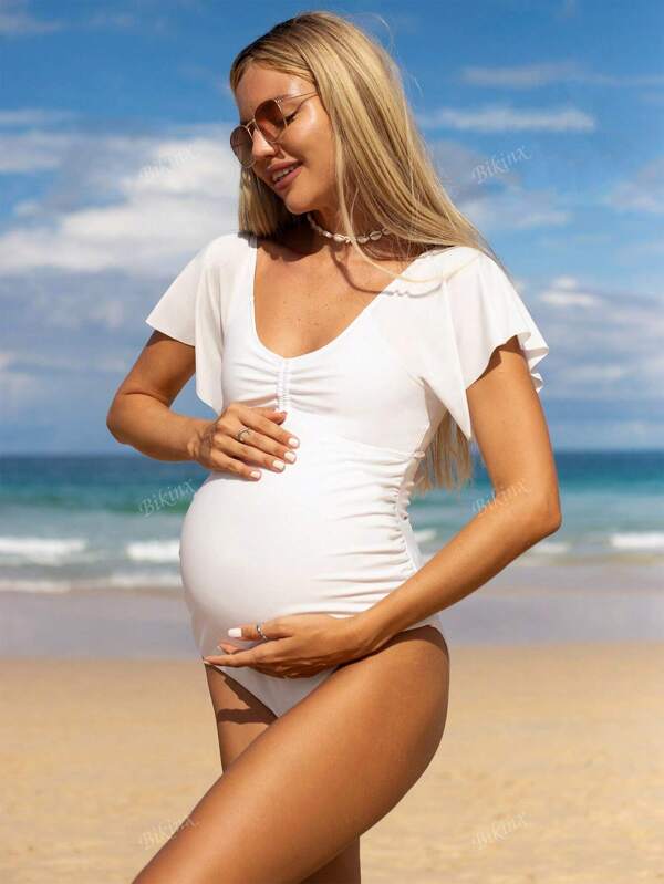 Bikinx Solid Color Pleated Panels With Ruffled Sleeves For Pregnant Women One-Piece Swimsuit