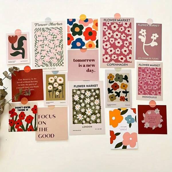 15 stuks Bloemenverhaal, Lenteverhaal, Bloemenkaart Wanddecoratie, Slaapzaal, Huurkamer, Slaapkamerdecoratie, Achtergrondposter, Decal, Fotografie-rekwisieten, Slaapkamer, Studeerkamerdecoratie, Cadeau voor Vrienden, Voor Schoolbenodigdheden, Terug naar School