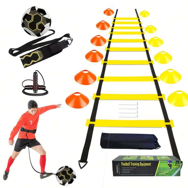21-teiliges Schnelligkeits- und Beweglichkeitstrainingsset 1-teilige Beweglichkeitsleiter Robuster und langlebiger Fußball-Trainingsgürtel Sport-Springseil Verschleißfeste elastische Tasche Geschenkbox 4 Befestigungsstifte 12 Fußballkegel Geschenk für ihn