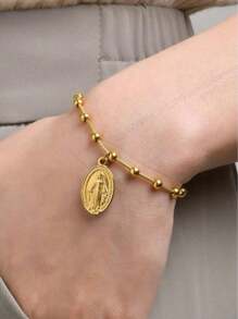 1pc 18K Gold Vacuum Electroplated Stainless Steel Virgin Mary Rosary Beads Chain Gold Bracelet For Women, Summer, Christian.