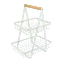 2/3-Tier Wooden Handled Fruit Basket, Metal & Wood Material, Colors: White, Black, Wrought Iron Fruit Storage Basket, Dual/Triple Layer Detachable Organizer Basket For Living Room, Kitchen