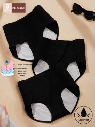 3pcs Pack Plus Size Black Cotton High Waist Period Panties For Women, Breathable, Leak-Proof, Menstrual Hygiene Underwear