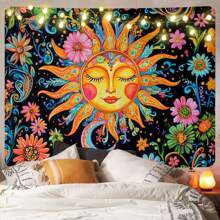1 pezzo Arazzo da parete decorativo in poliestere colorato con disegno di sole e fiori, stile bohémien, adatto per soggiorno, camera da letto, studio di yoga e meditazione, decorazione per la casa, design vibrante con motivi e dettagli intricati