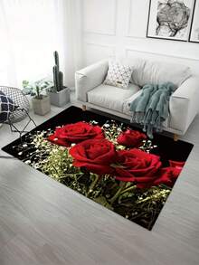 Super Soft Velvet Red Rose Pattern Floor Mat - Non-Slip Polyester Rug, Elegant Floral Design, Suitable For Living Room, Bedroom, Bathroom And Home Decor, Bedroom Accent | Refined Style | Machine Washable Fabric, Washable Area Rug - Multicolor - View 12