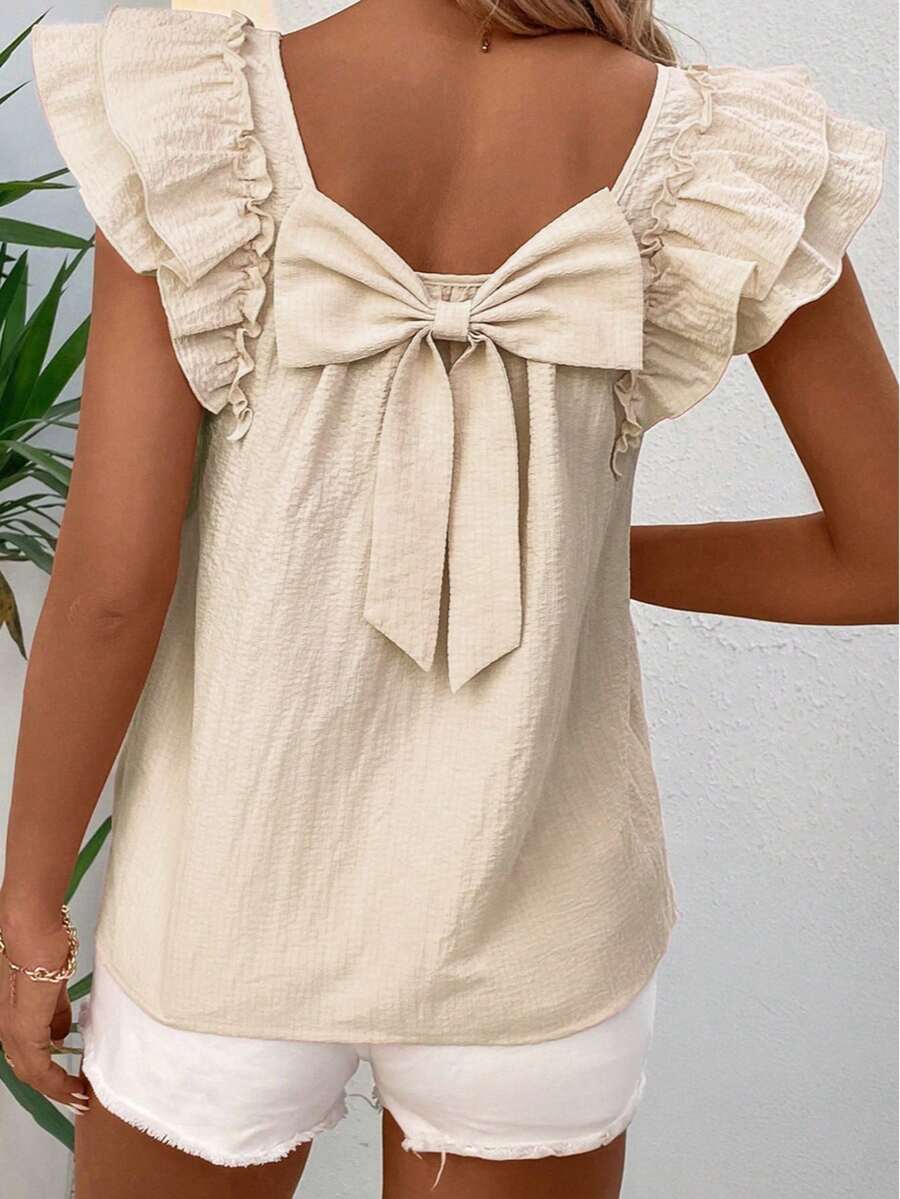 Chic Frill Detail Bow Knot Butterfly Sleeve Blouse - Apricot - View 1