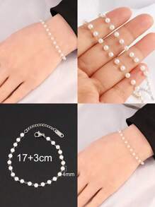 1 pièce Bracelet en acier inoxydable 3/4mm avec de fausses perles blanches pour femmes. Bijou avec chaîne de perles simples et mode (le nombre de perles est aléatoire)