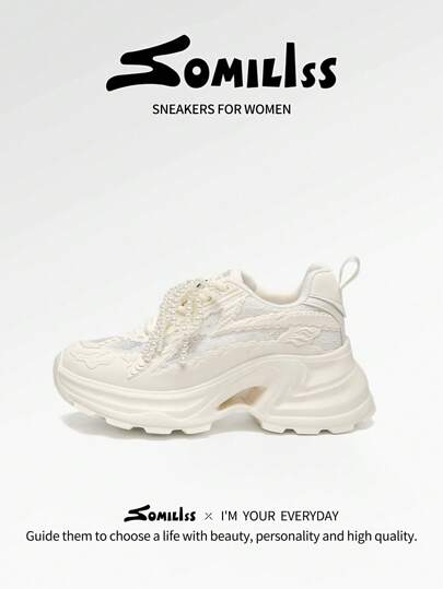 somiliss 1 Pair Women's Lace-Up Casual Sneakers, Breathable Mesh, Soft Thick Sole, Fashion Chunky Shoes, 6cm Height Increase, Outdoor Walking, Pearl Chain Decor, White