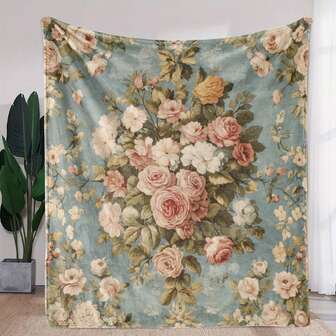 1pc-Luxurious Vintage Rose Floral Print Throw Blanket - Cozy, Soft Flannel With Pink Roses & Mixed Flowers Design, Ideal For Sofa, Bed, Car, Office, Camping & Travel - Warm All-Season Gift, Polyester 100.0%