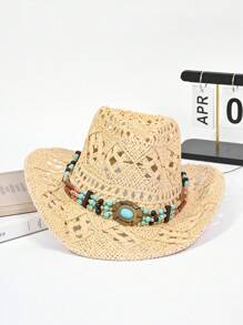 1 Peça Chapéu de Palha de Verão Feminino com Decoração de Zircônia Oca e Respirável, Chapéu de Cowboy de Sol Unissex na Moda e Personalizado, Adequado para Praia, Férias, Proteção Solar Diária, Ótima Ideia de Presente para o Dia dos Pais