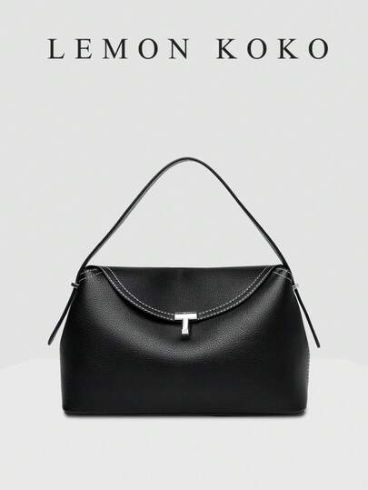 LEMON KOKO 黑色T字锁扣字母斜挎包，多功能通勤手提包，女士单肩包，纯色翻盖托特包，适合女性、上班族、中年妈妈、职业白领、工作通勤、户外活动。