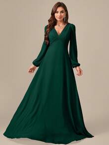 UNITHORSE V 领长袖褶饰淡紫色雪纺礼服、伴娘服、新娘服、生日女士服装、毕业礼服 - 墨綠色 - 查看 4