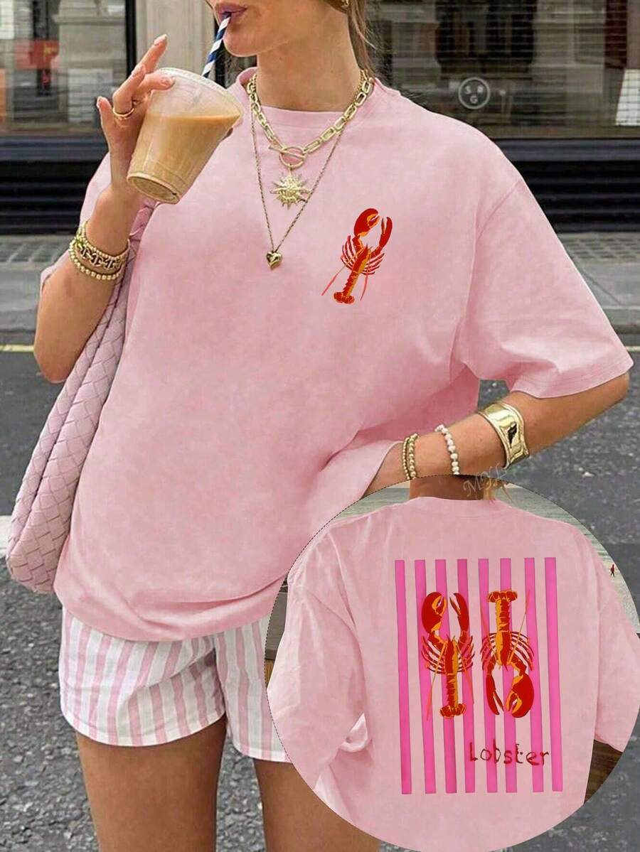 2pcs Women Casual Lobster Club Striped Round Neck Short Sleeve T-Shirt Set, Spring & Summer Pink - Pink - View 1