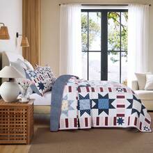 3PCS Soft & Comfortable Patchwork Star Bedding Set – Cooling Summer Quilt With 2 Pillow Shams, White & Blue Stripes Design | All-Season Bedspread, Perfect For Any Bedroom Decor - 藏蓝色 - 查看 8