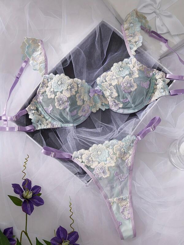 2-delige set romantische pastorale Franse sexy kanten patchwork bh en slipje, plunge & lage taille