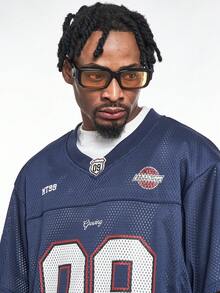 MT99 美国网眼镂空V领09字母印花透气速干凉爽海军蓝短袖T恤 - 藏蓝色 - 查看 3