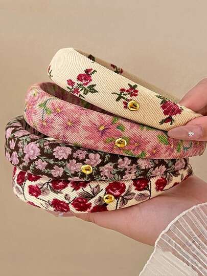 4 款时尚复古花卉印花女士高头带，适合日常使用、居家、学校、海边度假、工作、通勤、聚会、节日、生日、返校季、新年和母亲节礼物