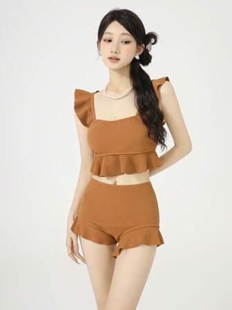 2pcs/Set Women's Solid Color Ruffle Trim Flounce Strap Bikini Swimsuit, Summer Beach Vacation Swimwear