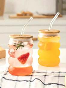 1pc Transparent Spiral Glass Cup With Lid And Glass Straw, Large Capacity, Minimalist Creative American-Style Coffee Cup, Suitable For Outdoor Travel, Ideal Beverage/Juice Cup For Summer And Winter, Also Suitable As Birthday/Holiday Party Gift Or Christmas Gift - Transparent - View 2