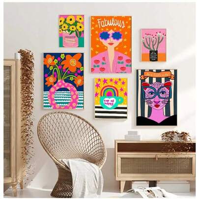 1pc Leopard Lady Colorful Rainbow Flower Cup Wall Art Canvas Painting Nordic Posters And Copies Wall Photos For Living Room Optional Frame ,Wall Art With Frame