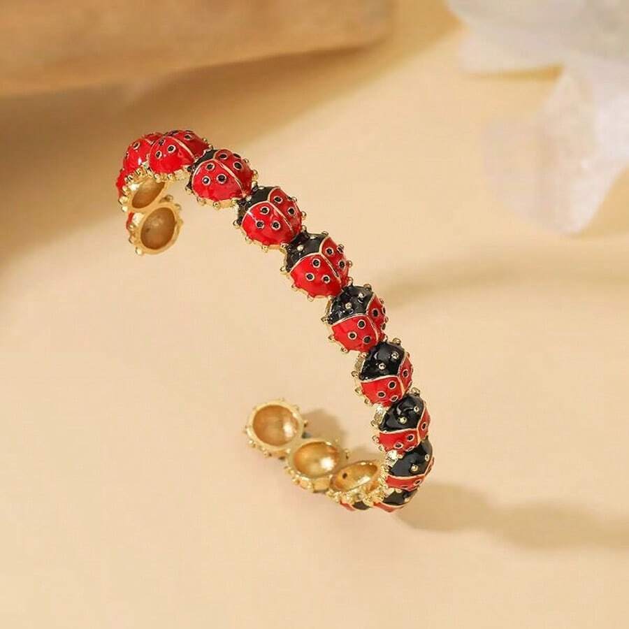 1pc Cute 18K Gold Plated Enamel Red Lady Bug Ladybug Ladybird Insect Bangles For Girls Ladies Women's Jewelry - Charm Bangles - View 1