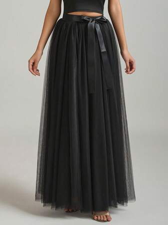 1 pezzo Gonna lunga in tulle con nastro rimovibile per ballo, festa, Ognissanti, cosplay, sera, colori: nero, bianco, rosa polveroso, verde scuro, abbigliamento autunnale per donna