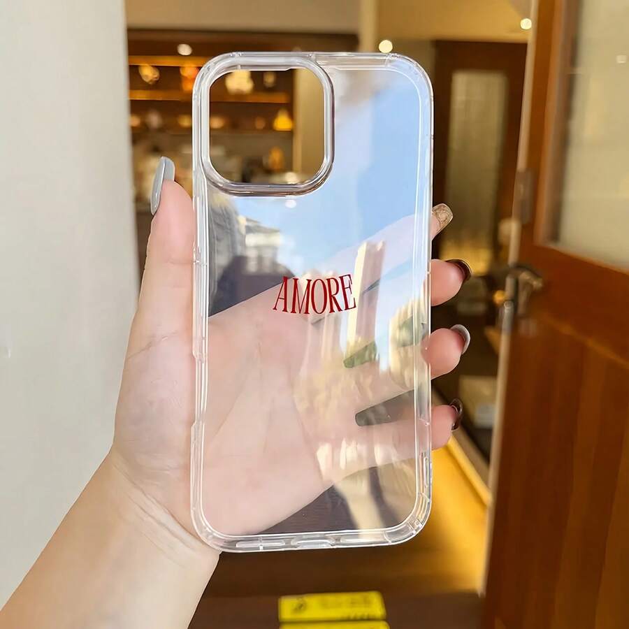 极简字母元素时尚手机壳，透明设计，饰有红色爱心和“AMORE”字样，兼容 16 Pro Max、 11至15 Pro Max Plus和XR机型，防水、防震、防摔、防刮，周年纪念、生日礼物、春季派对佳品 - 彩色 - 查看 1