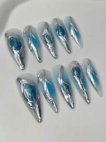 10 pezzi di unghie finte premontate, rimovibili, realistiche, con design originale, lunga e appuntita, con motivi blu disegnati a mano dal senso meccanico estivo, effetto sfumato minimale rosa, con adesivo e colla per unghie, adatto per donne e ragazze