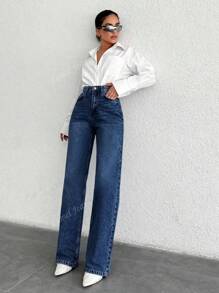 Vaqueros de Cintura Alta para Mujer con Pierna Recta - Pantalones Sueltos en Mezcla Elástica Azul Claro con Detalle de Botóns, Lavables a Máquina Todo el Año, Estilo Retro y Bolsillos, Vaqueros de Cintura Alta