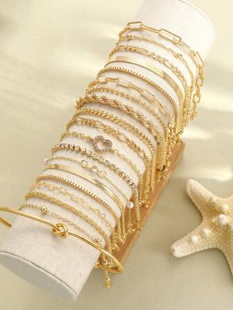 19/11/9/15/8/12/23pcs Set Of Heart Knot, Crystal Rhinestone, Geometric Beaded, Faux Pearl, Wide Metal Snake Chain, Twisted Chain, Horseshoe Chain, Minimalist Plain Chain, Open Cuff Bracelet, Fashion Elegant Vintage Bohemian Design, Suitable For Holiday, Party, Date, Gift, Daily Wear