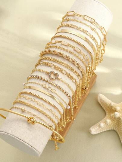 19/11/9/15/8/12/23pcs Set Of Heart Knot, Crystal Rhinestone, Geometric Beaded, Faux Pearl, Wide Metal Snake Chain, Twisted Chain, Horseshoe Chain, Minimalist Plain Chain, Open Cuff Bracelet, Fashion Elegant Vintage Bohemian Design, Suitable For Holiday, Party, Gift, Daily Wear