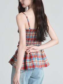 YUXIN 夏季新款复古优雅撞色格子印花无袖背心，女式褶饰腰部设计露背修身吊带背心 - 紅色 - 查看 9