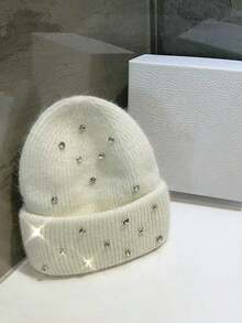 1顶男女通用手工针织帽，饰以水钻和兔毛，闪亮休闲针织帽，适合秋冬季节，圣诞礼物 - 手工兔子仿鑽石兔毛針織帽 - 查看 3