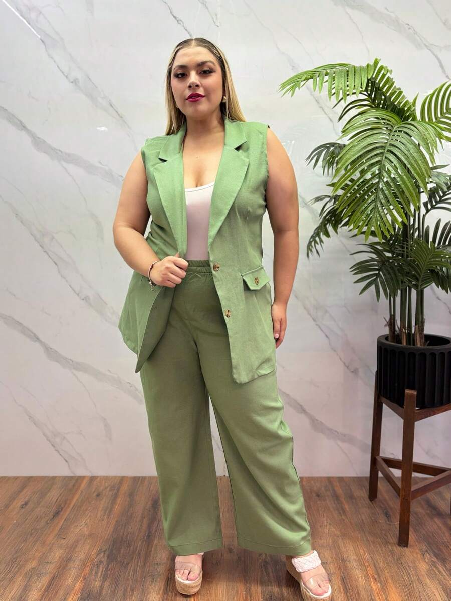 Conjunto para tallas grandes de pantalon y chaleco de moda en color verde oliva  Liso  Elegante  Casual - Verde Oliva - Ver 1
