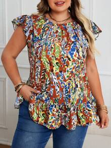 Plus Size Women Casual Leaf Print Puff Sleeve Ruched Shoulder Round Neck With Ruffle Hem Vacation Top, Summer
