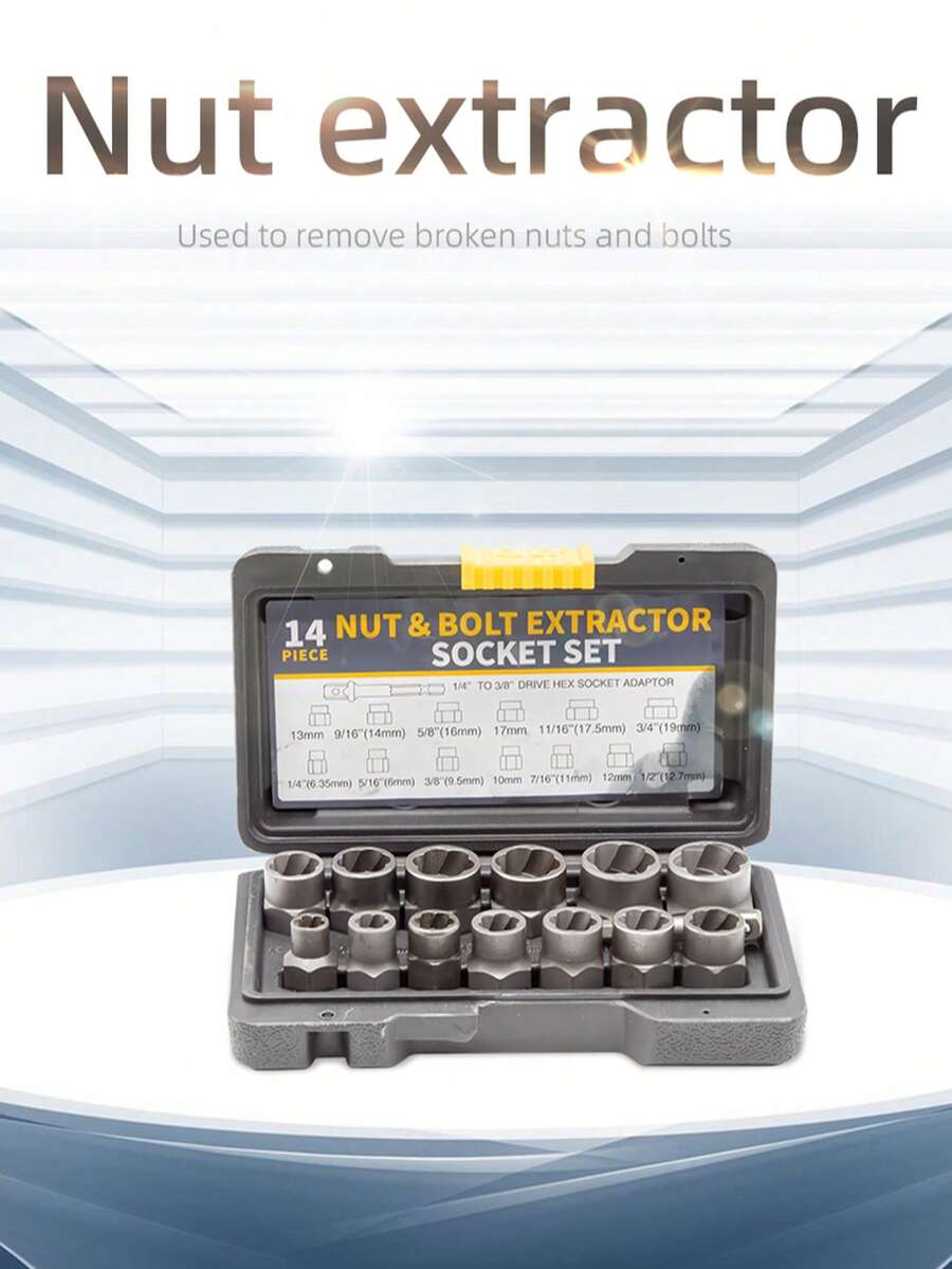 14-Piece Rusted Nut Remover Set - Anti-Slip Grip Socket Wrench For Stuck/Damaged Bolts, Universal Stripped Screw Extractor Kit With Non-Slip Teeth (Home Repair & Automotive Tools)