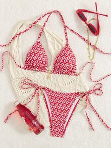 Bikini z nadrukiem rozgwiazdy, geometryczny wzór, ściągane sznurkiem, wiązane z tyłu, urocze stroje plażowe na wiosnę i lato